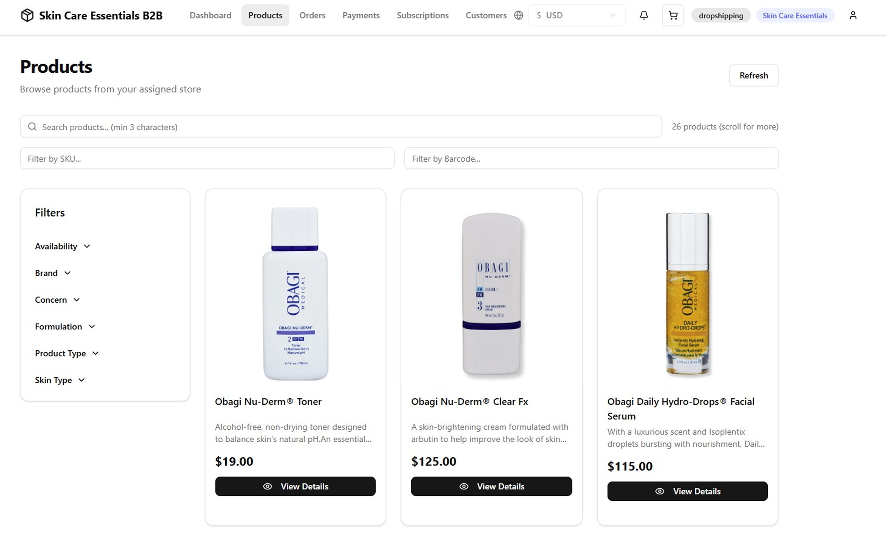 Beauty salon product ordering dashboard